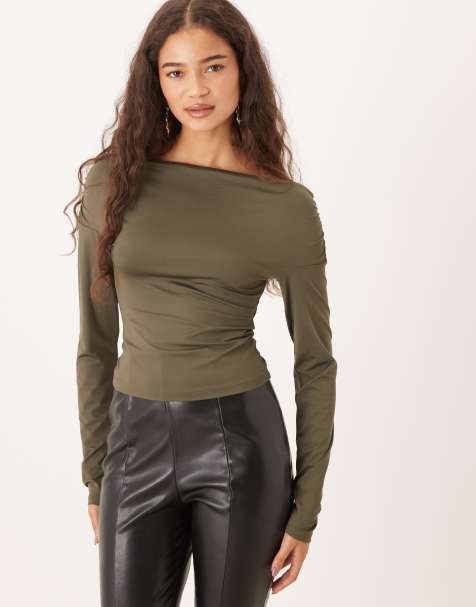 Gina Tricot slinky jersey off shoulder long sleeve top in olive green - view 1