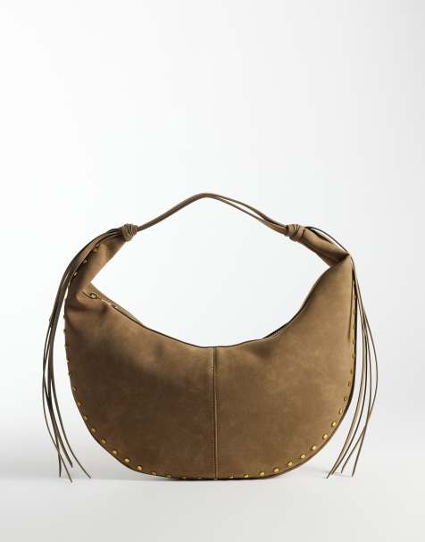 Gina Tricot slouchy faux suede shoulder bag with gold stud detail in camel - view 1