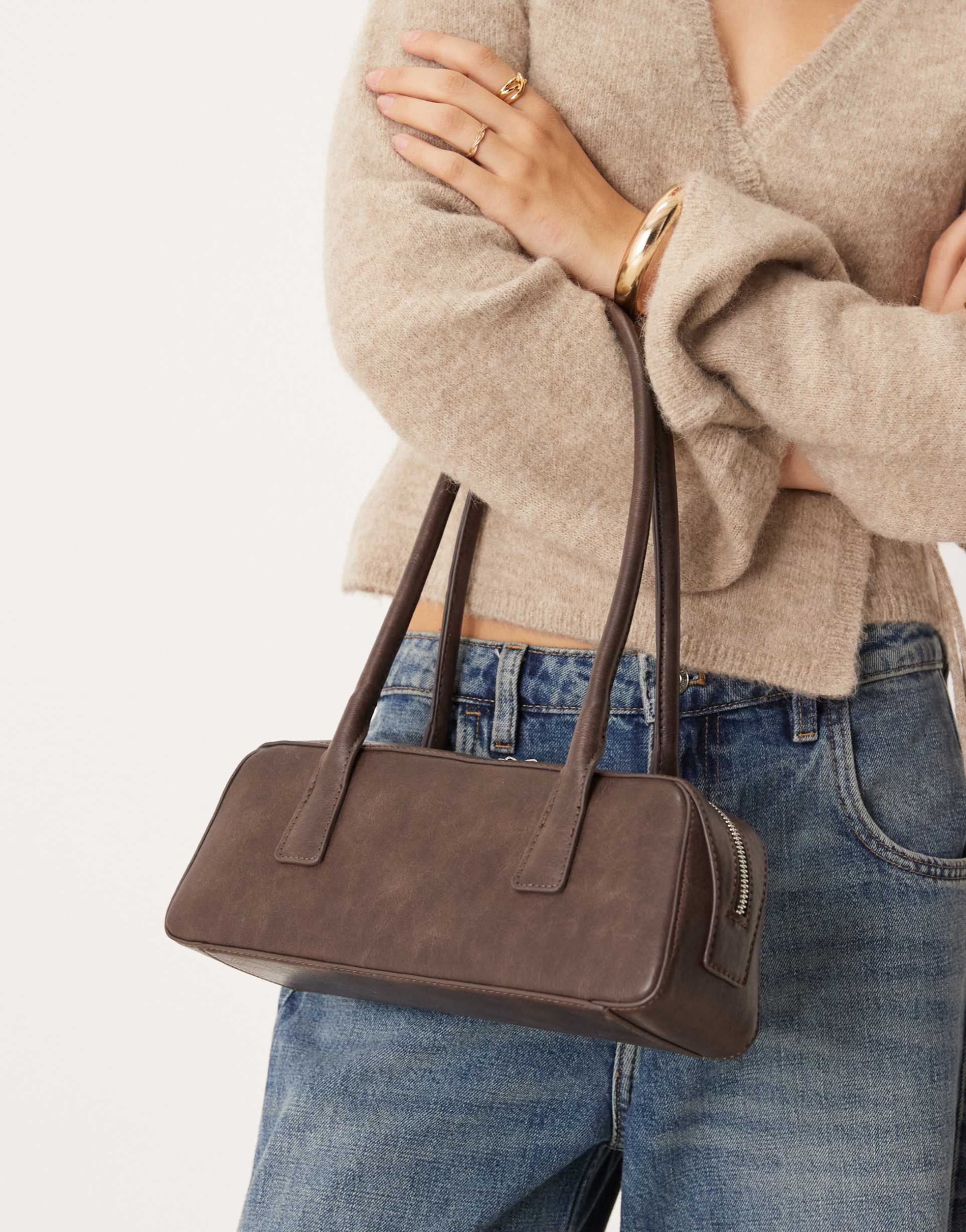 gina tricot small bowling two handle shoulder bag in washed brown