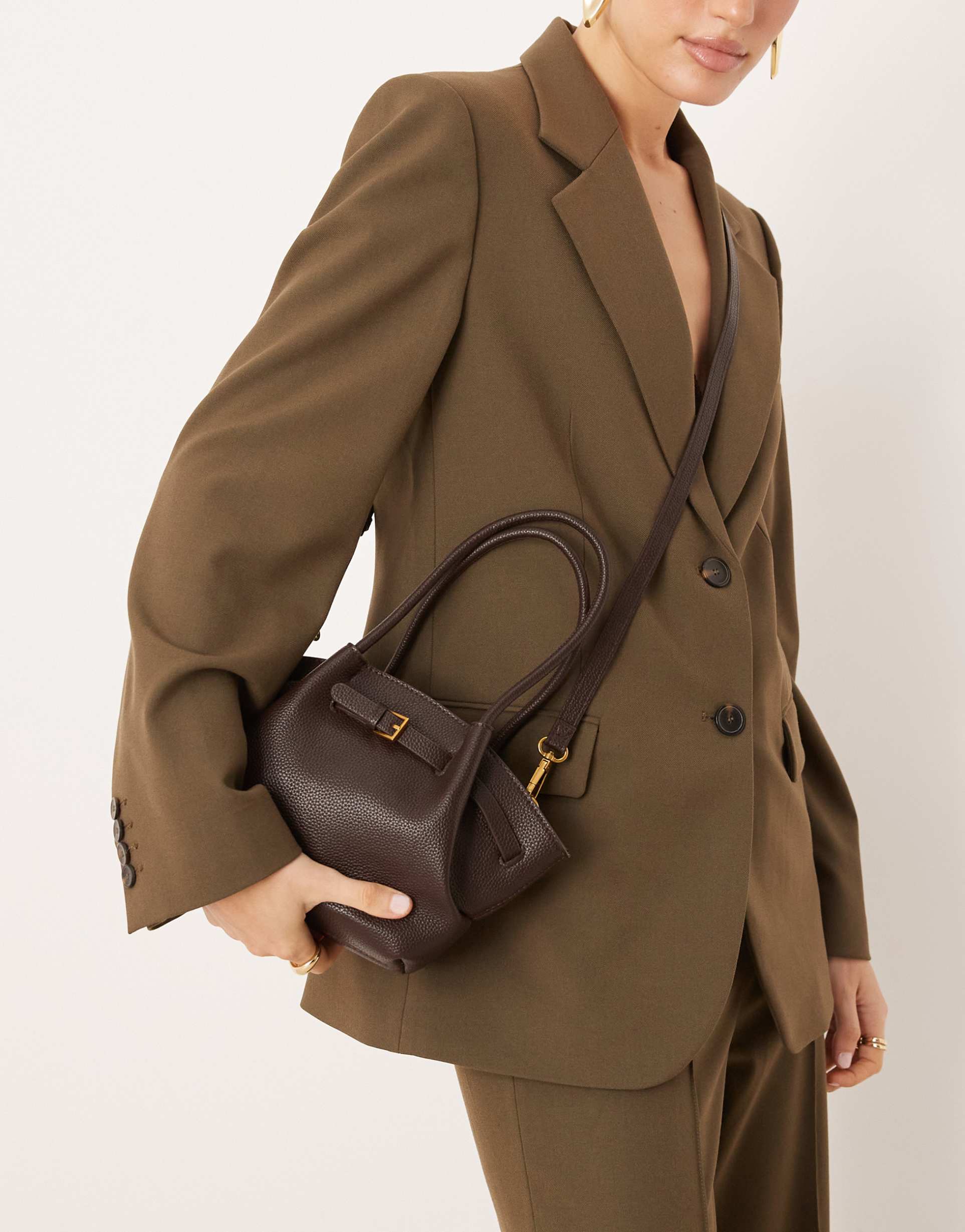 gina tricot small faux leather tote bag with shoulder straps in brown