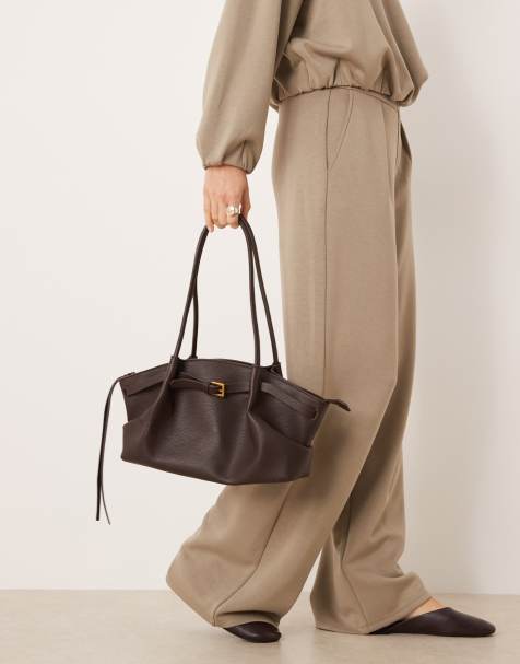 Gina Tricot small fold detail tote bag in dark brown - view 1