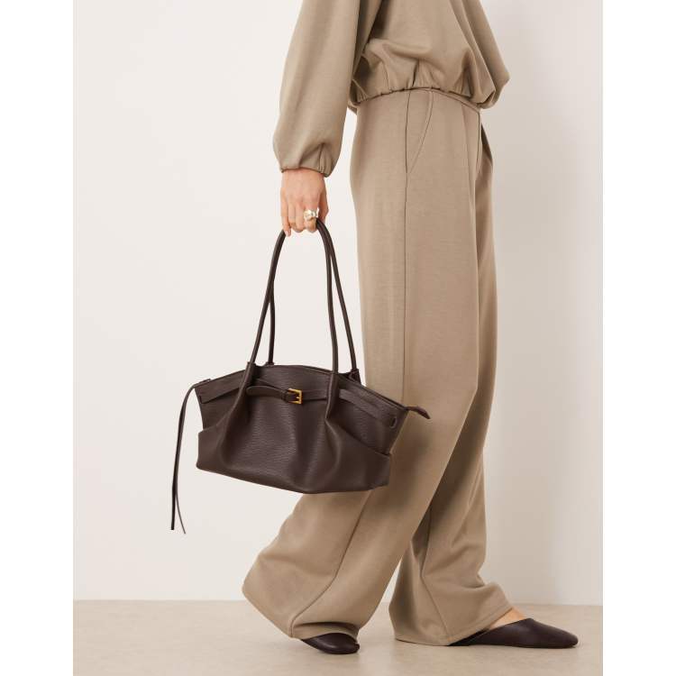 Gina Tricot small fold detail tote bag in dark brown | ASOS