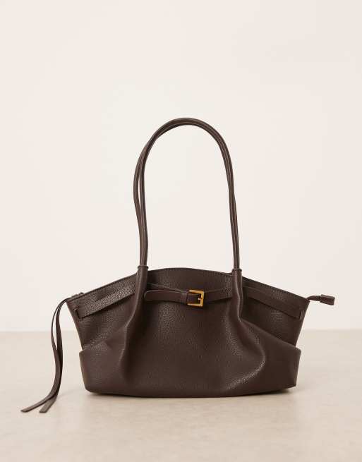Gina Tricot small fold detail tote bag in dark brown | ASOS