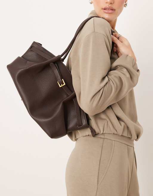 Gina Tricot small fold detail tote bag in dark brown | ASOS