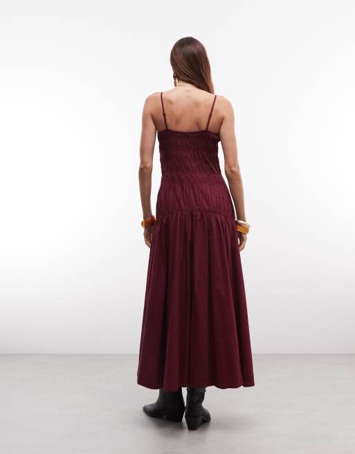 Gina Tricot smockad bomullsmaxiklänning i burgundy, 4 av 8