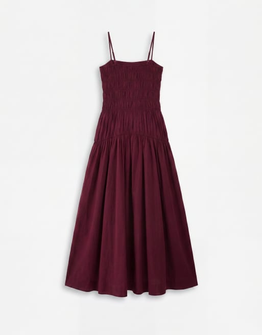 Gina Tricot smockad bomullsmaxiklänning i burgundy, 6 av 8