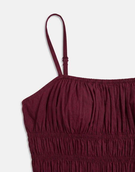 Gina Tricot smockad bomullsmaxiklänning i burgundy, 7 av 8