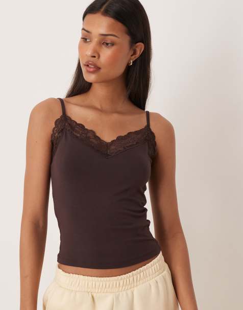 Gina Tricot soft lace cami top in chocolate brown - view 1