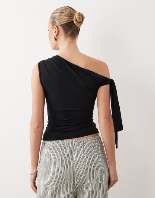 Gina Tricot soft one shoulder tie top in black, 4 of 4