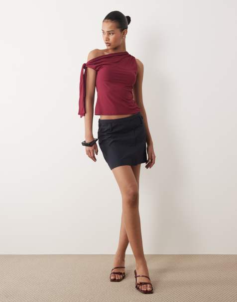 Gina Tricot soft one shoulder tie top in dark red - view 1