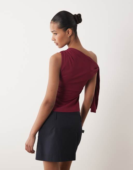 Gina Tricot soft one shoulder tie top in dark red, 3 of 4