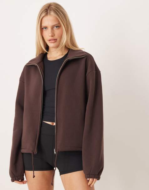 Gina Tricot soft pile teddy athletic zip up sweater fleece in brown - view 1