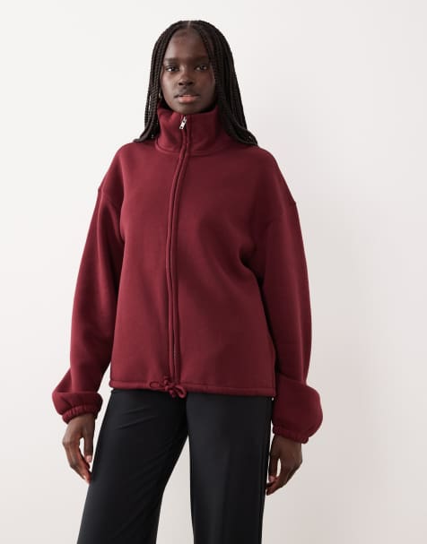 Gina Tricot soft pile teddy athletic zip up sweater fleece in burgundy - view 1