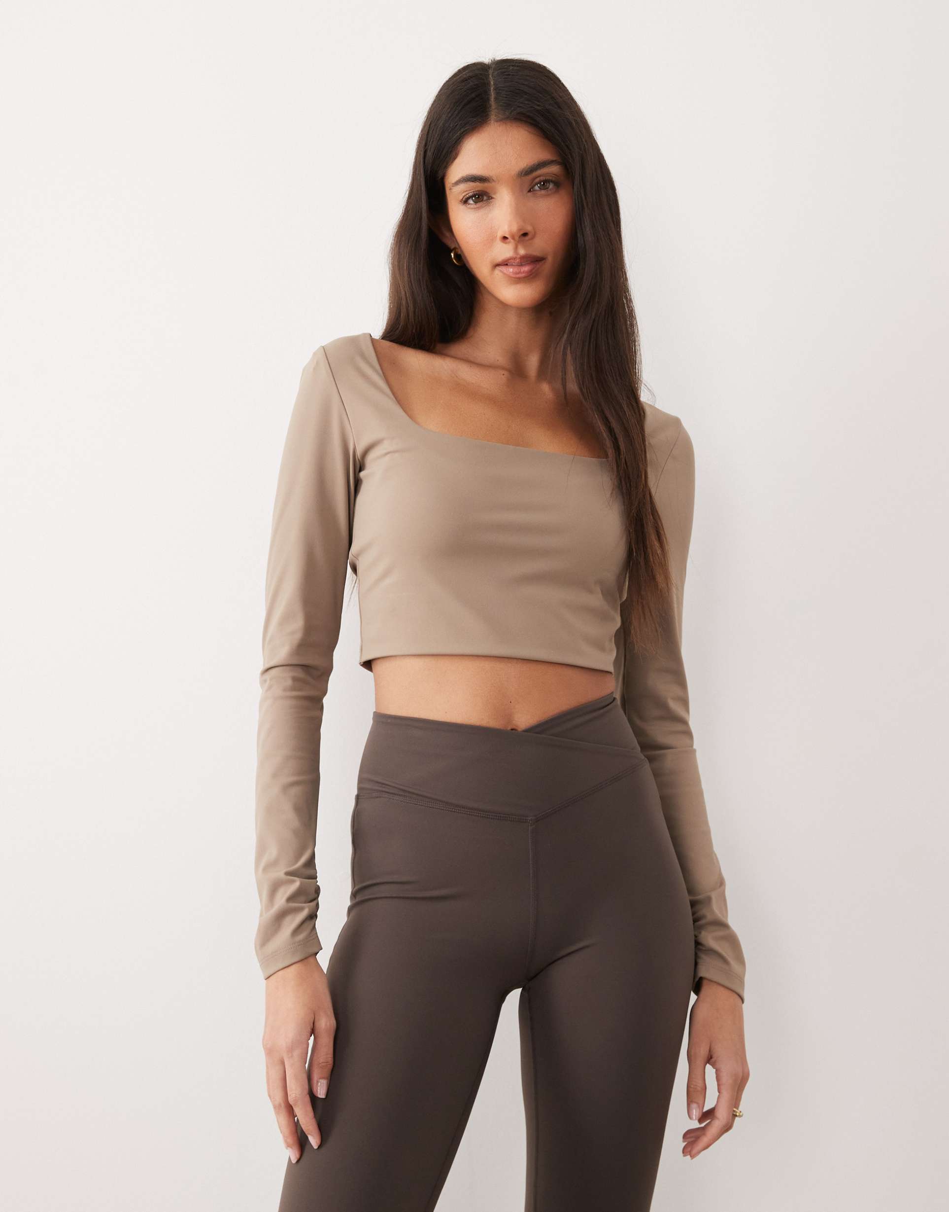 gina tricot soft ruched long sleeve yoga top in espresso brown