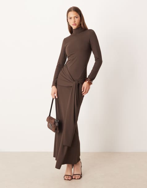 Gina Tricot soft tie front knot long sleeve maxi dress with low back in dark brown