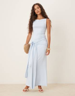 [GINA TRICOT] Gina Tricot soft tie front knot maxi dress in light blue L Light blue
