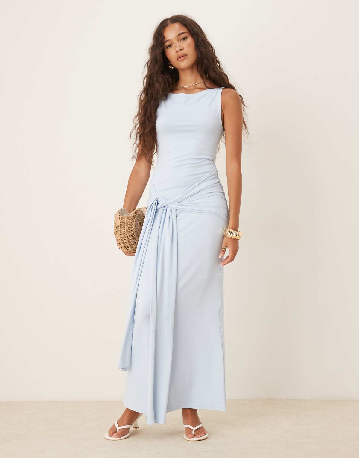 Gina Tricot soft tie front knot maxi dress in light blue