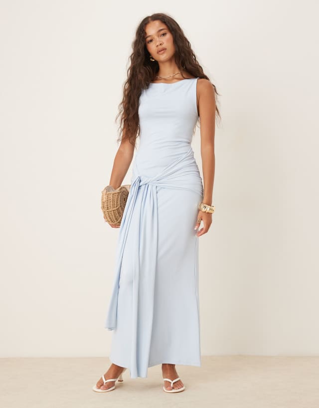 blue tie front dress Gina Tricot soft knot maxi in light stretchy fabric allows room fabric-type:60-nylon-30-cotton-10-spandex Halter Neck Midnight Blue Color:CustomColor