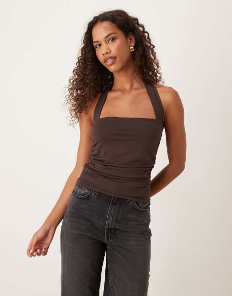 Gina Tricot Soft Touch fitted halterneck top in chocolate brown - view 1