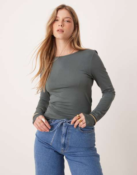 Gina Tricot – Soft Touch – Grågrön, långärmad topp i jersey med rund halsringning - view 1