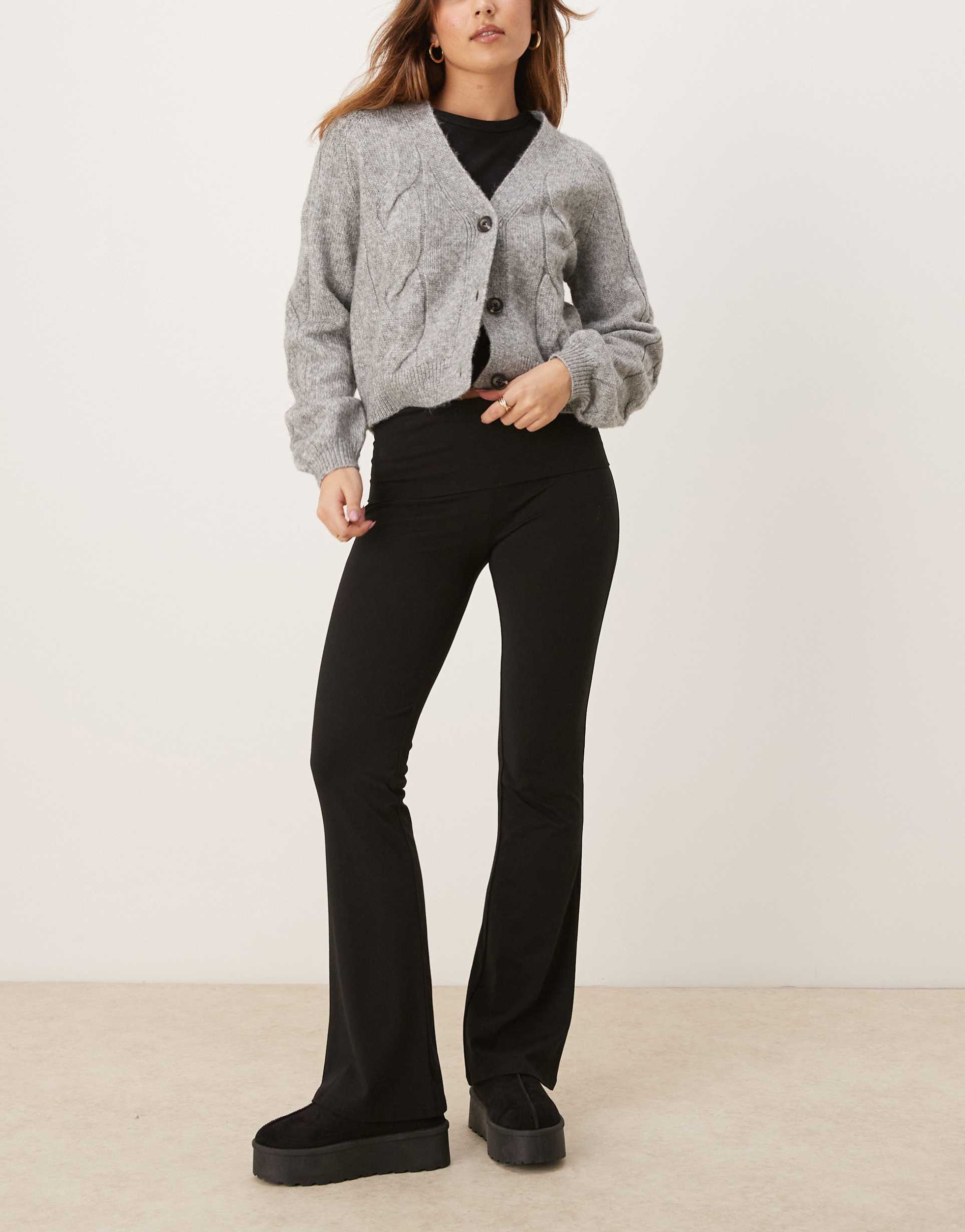 gina tricot soft touch jersey flared leg pants with fold-over waistband in black