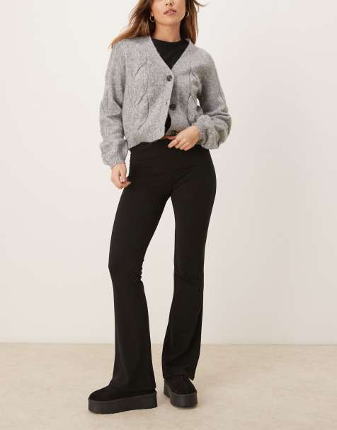 Gina Tricot Soft Touch jersey flared leg trousers with fold over waistband in black - view 1