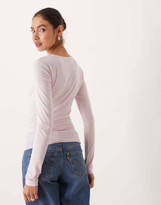 Gina Tricot Soft Touch jersey long sleeve top with crew neck in pink, 4 of 4