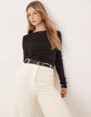 Gina Tricot Soft Touch Jersey Long Sleeve Top With Round Neck In Black