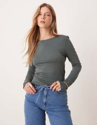 GINA TRICOT Gina Tricot Soft Touch jersey long sleeve top with round neck in grey green