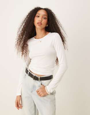 Gina Tricot Soft Touch Jersey Long Sleeve Top With Round Neck In Off White