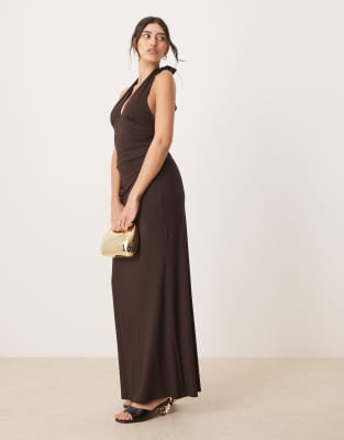 Gina Tricot Soft Touch Jersey Maxi Drapey Skirt In Brown