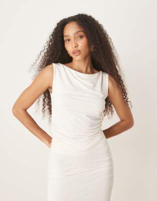 gina tricot soft touch jersey top with drape boat neck and ruched side detail in cream