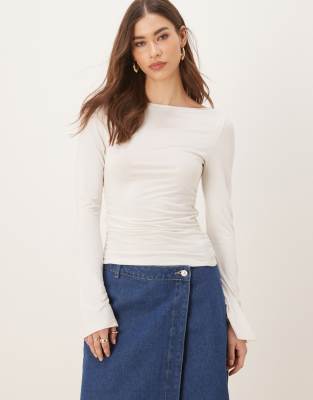 soft touch long sleeve boatneck top in off-white