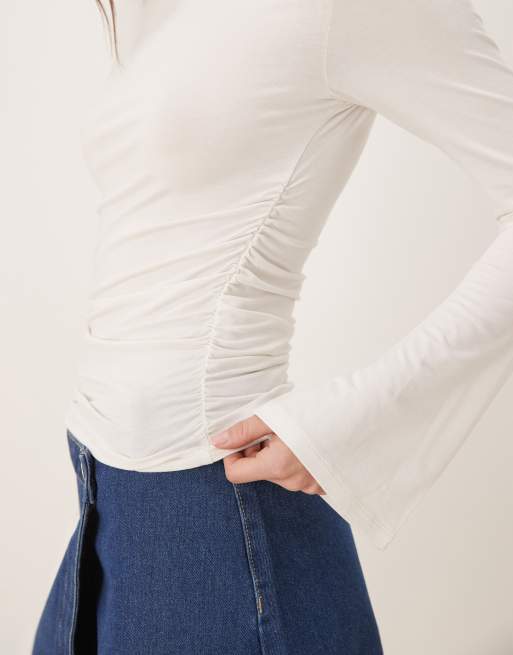 Gina Tricot Soft Touch long sleeve boatneck top in off white, 3 of 4