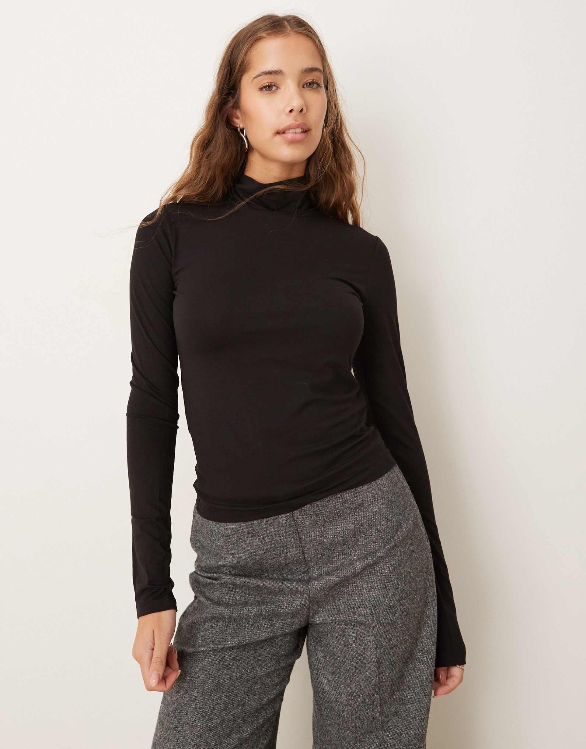 gina tricot soft touch long sleeve jersey high neck top in black