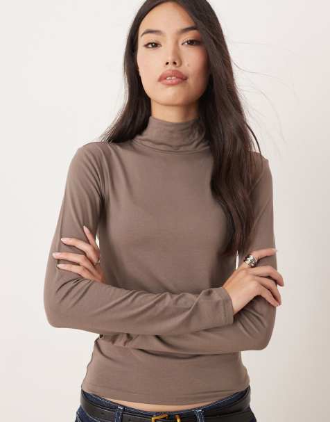 Gina Tricot Soft Touch long sleeve jersey high neck top in mushroom brown - view 1
