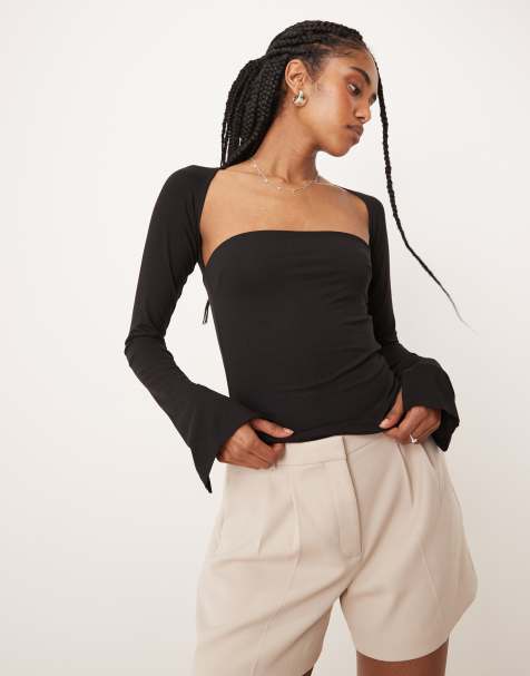 Gina Tricot Soft Touch long sleeve sqaure neck top with split cuffs in black - view 1