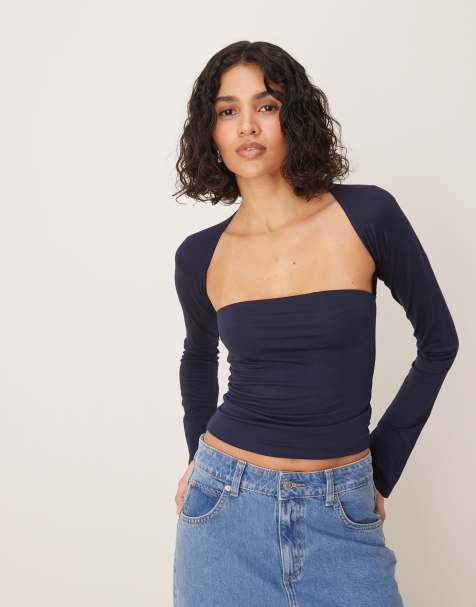 Gina Tricot Soft Touch long sleeve square neck top with split cuffs in navy blue - view 1