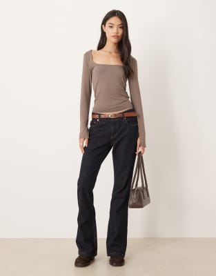 Gina Tricot Soft Touch Long Sleeve Top With Scoop Neck And Slit Cuffs In Brown