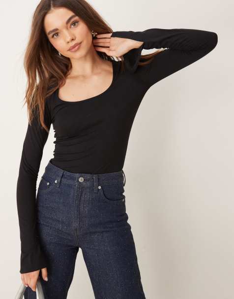 Gina Tricot Soft Touch long sleeve top with scoop neck and split cuffs in black - view 1