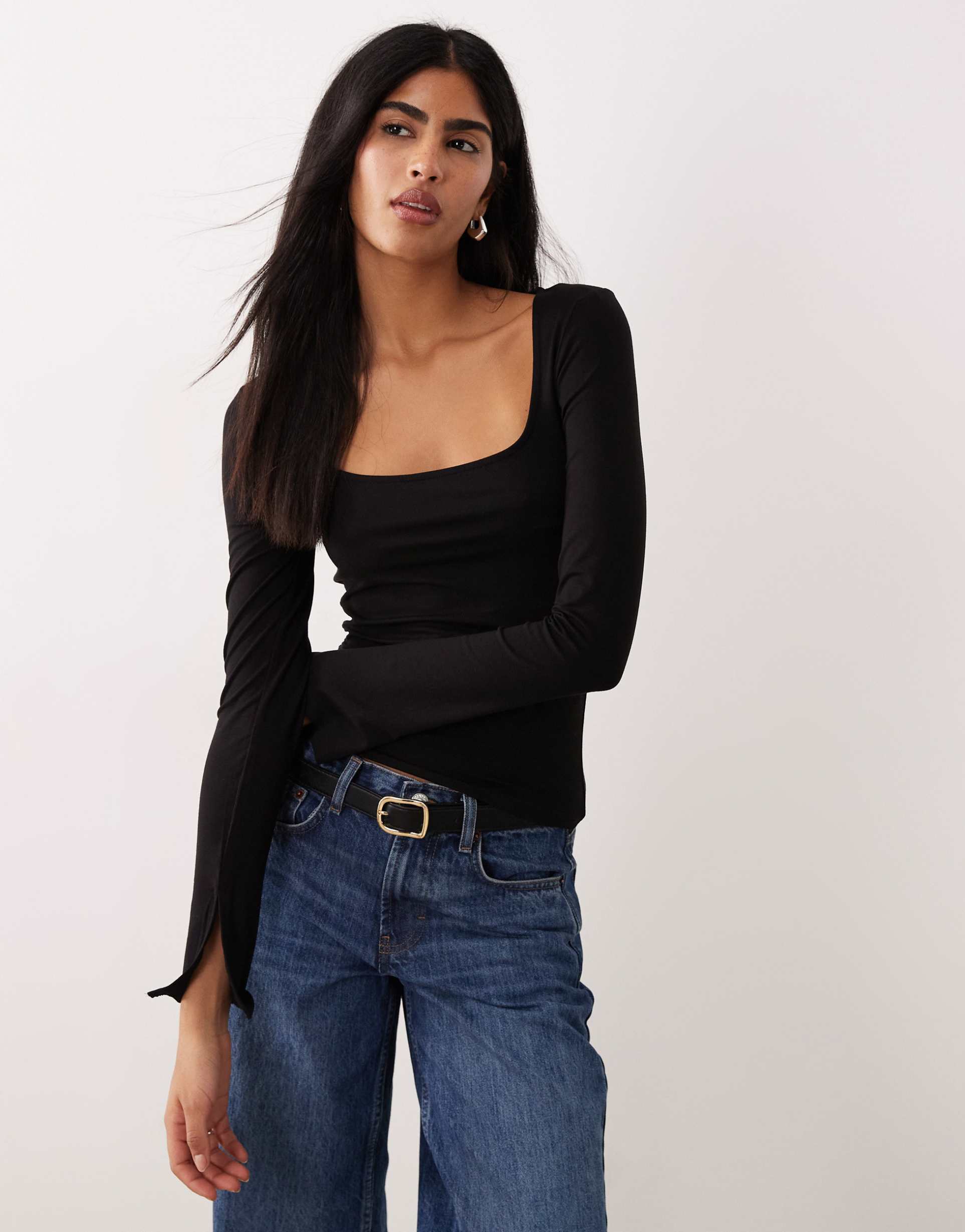 gina tricot soft touch long sleeve top with scoop neck and split cuffs in black