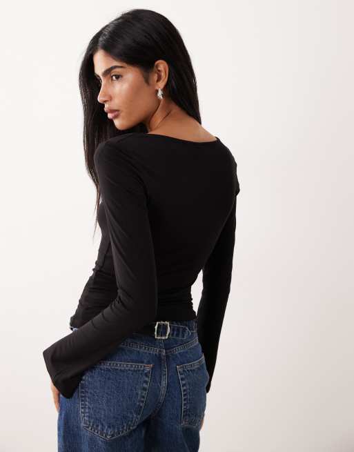 Gina Tricot Soft Touch long sleeve top with scoop neck and split cuffs in black, 4 of 4
