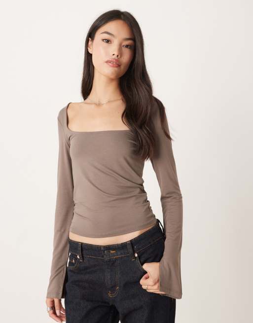 Gina Tricot Soft Touch long sleeve top with scoop neck and split cuffs in mocha brown