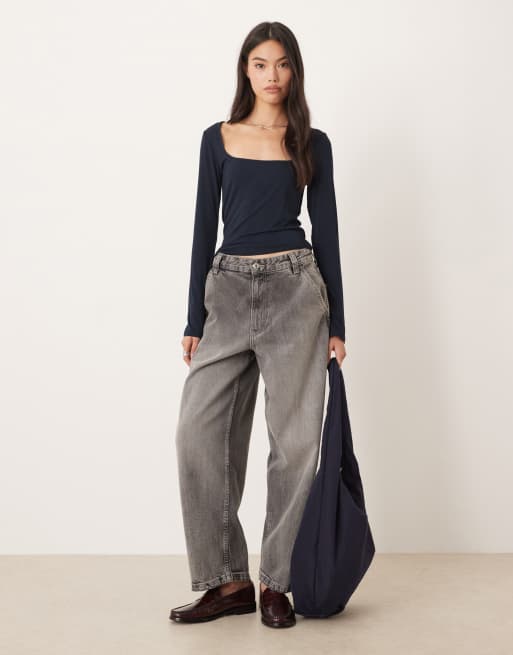 Gina Tricot Soft Touch long sleeve top with scoop neck and split cuffs in navy, 2 of 4