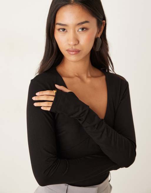 Gina Tricot Soft Touch long sleeve v neck top in white