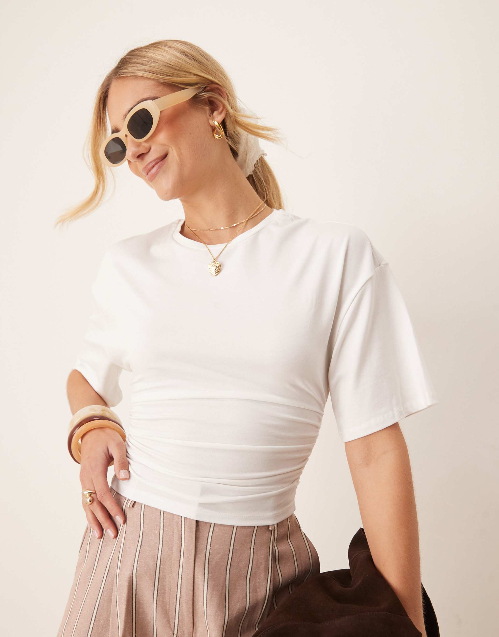 gina tricot soft touch ruched top in off white