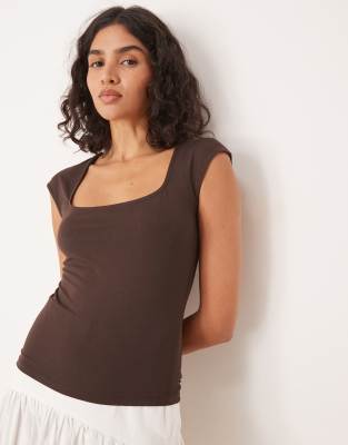 Gina Tricot Soft Touch short sleeve low scoop neck top in chocolate brown - view 1