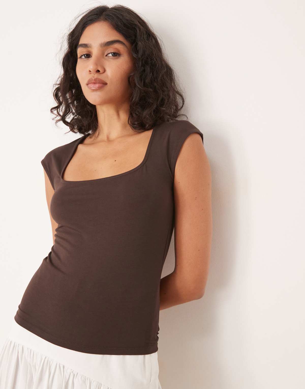 Gina Tricot Soft Touch short sleeve low scoop neck top in chocolate brown