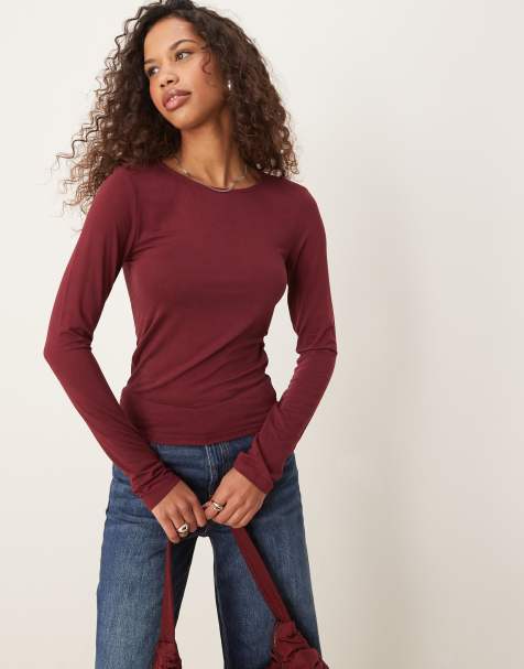 Gina Tricot Soft Touch slim fit crew neck top in burgundy - view 1