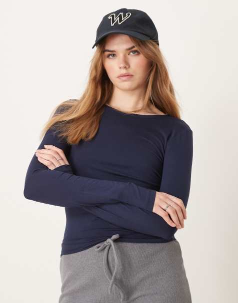 Gina Tricot Soft Touch slim fit crew neck top in dark blue - view 1